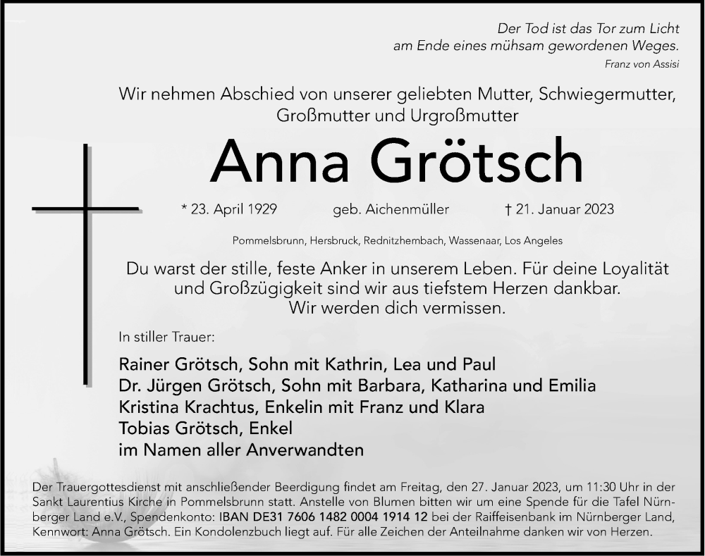  Traueranzeige für Anna Grötsch vom 24.01.2023 aus Hersbrucker Zeitung Lokal