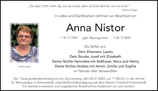 Traueranzeige von Anna Nistor von Hersbrucker Zeitung Lokal