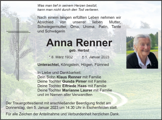 Traueranzeige von Anna Renner von Hersbrucker Zeitung Lokal