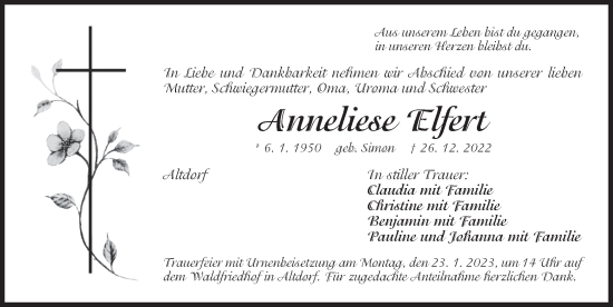 Traueranzeige von Anneliese Elfert von Der Bote