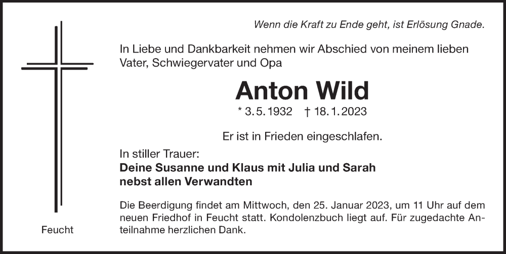  Traueranzeige für Anton Wild vom 21.01.2023 aus Der Bote
