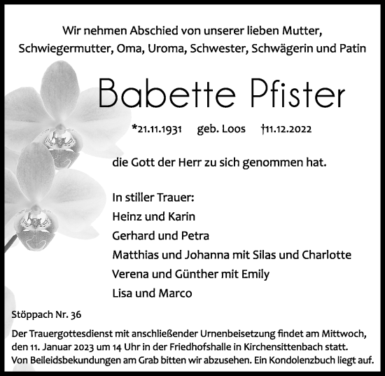 Traueranzeige von Babette Pfister von Hersbrucker Zeitung Lokal
