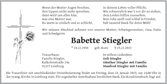 Traueranzeige von Babette Stiegler von Pegnitz-Zeitung