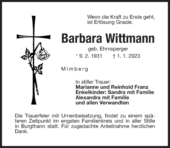 Traueranzeige von Barbara Wittmann von Der Bote