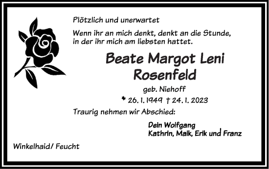Traueranzeige von Beate Margot Leni Rosenfeld von Der Bote
