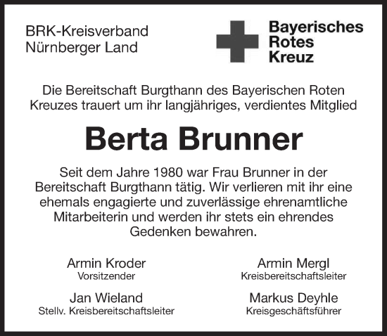 Traueranzeige von Berta Brunner von Der Bote