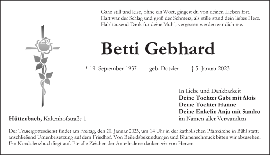 Traueranzeige von Betti Gebhard von Pegnitz-Zeitung