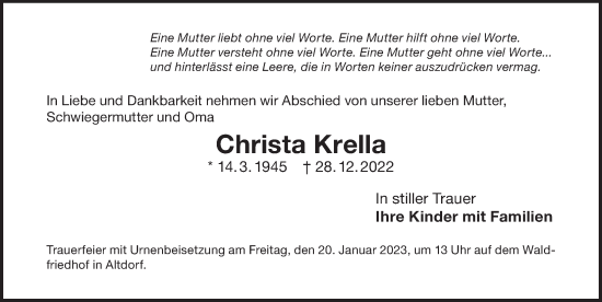 Traueranzeige von Christa Krella von Der Bote