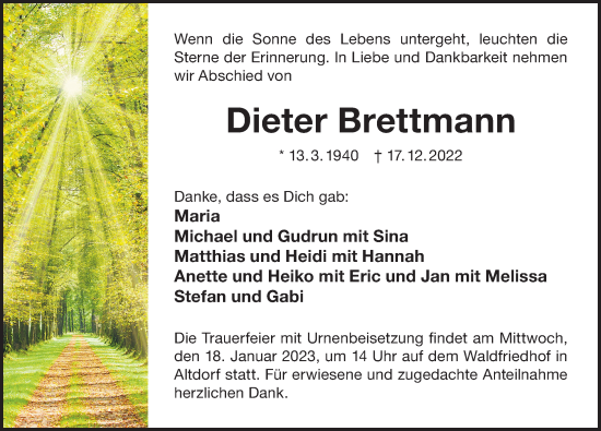 Traueranzeige von Dieter Brettmann von Der Bote