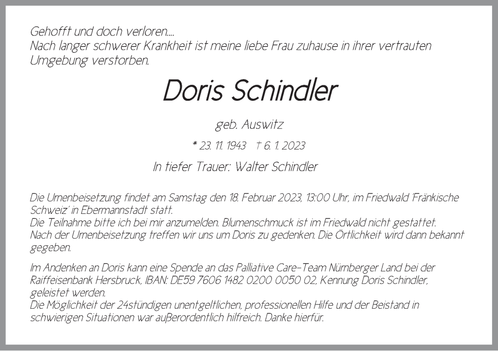  Traueranzeige für Doris Schindler vom 21.01.2023 aus Der Bote