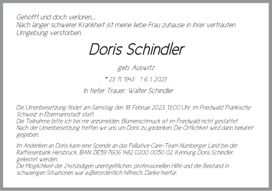 Traueranzeige von Doris Schindler von Der Bote