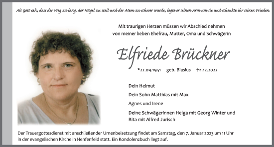 Traueranzeige von Elfriede Brückner von Hersbrucker Zeitung Lokal