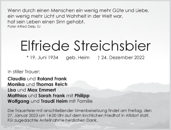 Traueranzeige von Elfriede Streichsbier von Der Bote