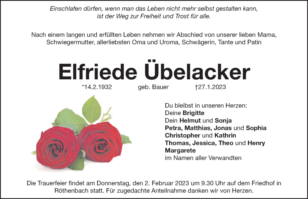  Traueranzeige für Elfriede Übelacker vom 31.01.2023 aus Pegnitz-Zeitung