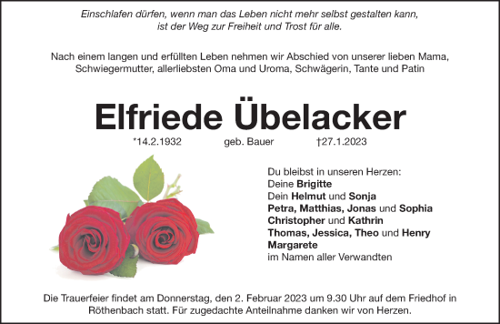 Traueranzeige von Elfriede Übelacker von Pegnitz-Zeitung