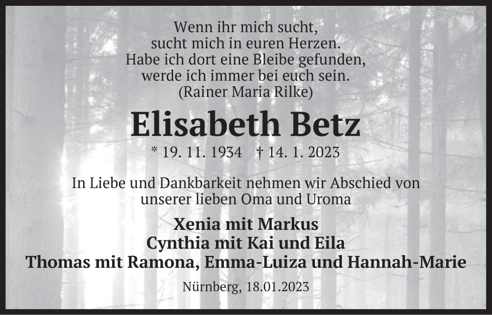  Traueranzeige für Elisabeth Betz vom 21.01.2023 aus Pegnitz-Zeitung