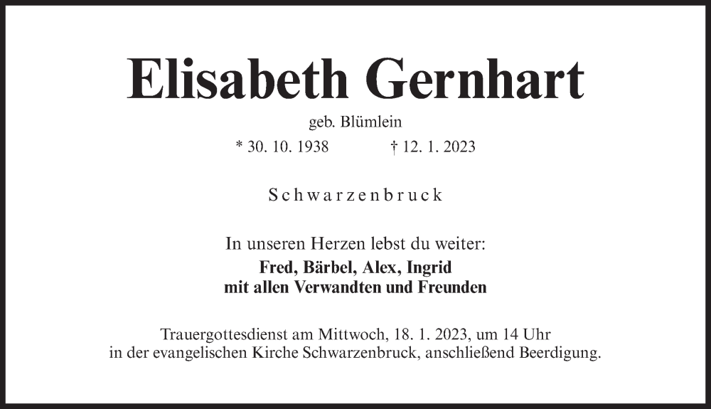  Traueranzeige für Elisabeth Gernhart vom 14.01.2023 aus Der Bote
