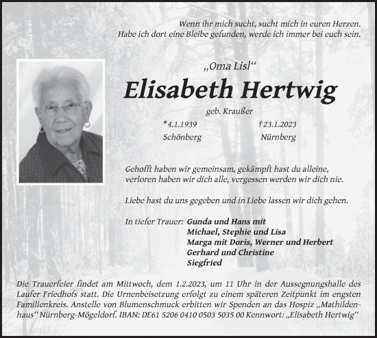 Traueranzeige von Elisabeth Hertwig von Pegnitz-Zeitung