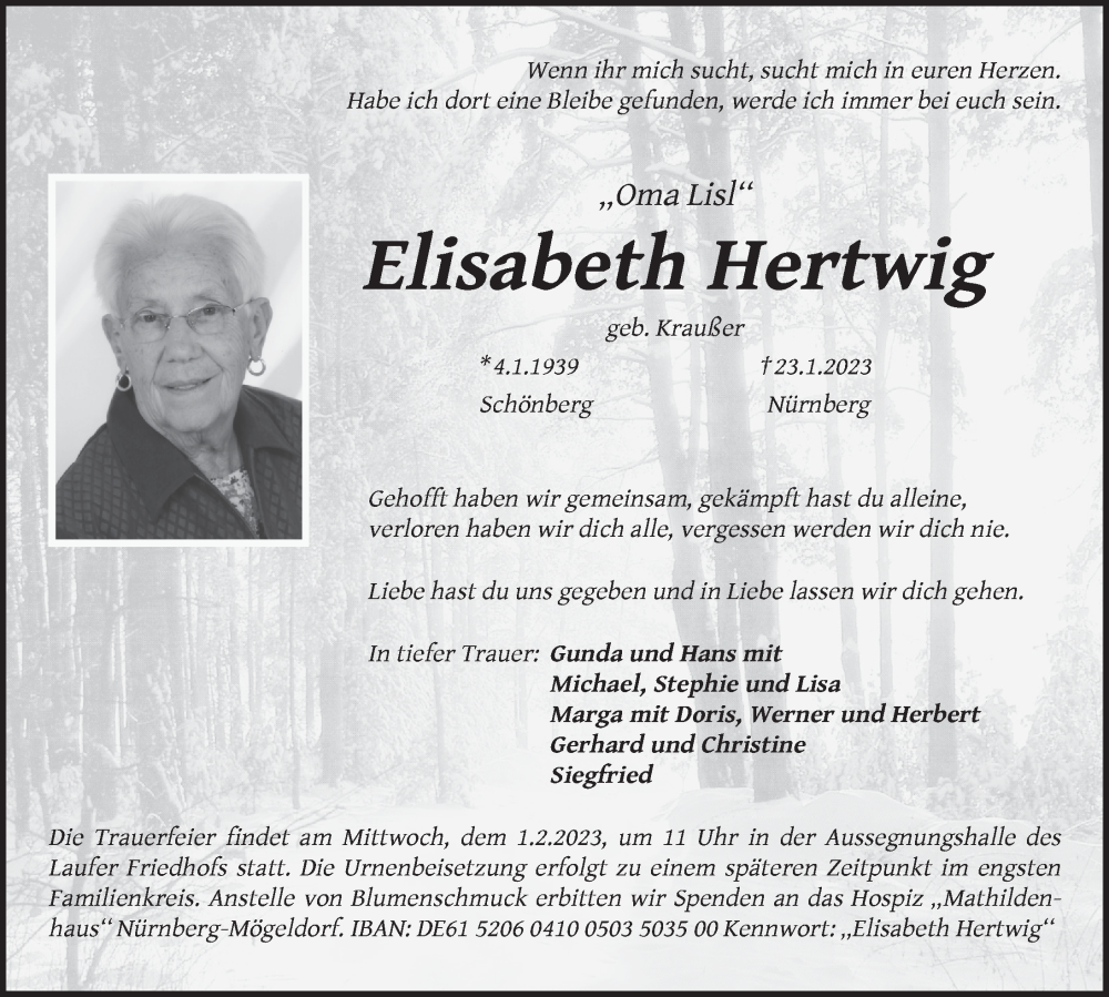  Traueranzeige für Elisabeth Hertwig vom 28.01.2023 aus Pegnitz-Zeitung