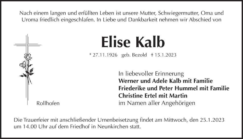  Traueranzeige für Elise Kalb vom 21.01.2023 aus Pegnitz-Zeitung