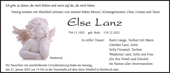 Traueranzeige von Else Lanz von Hersbrucker Zeitung Lokal