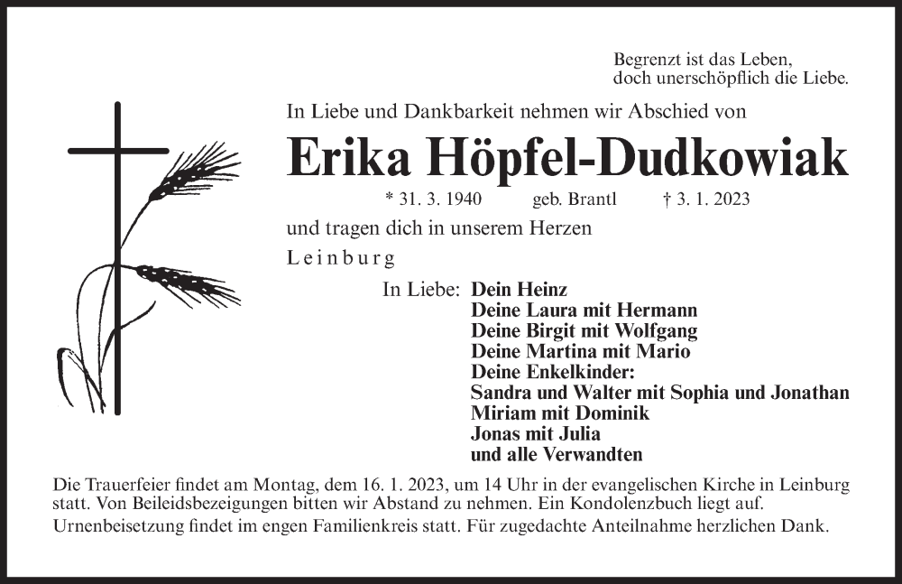  Traueranzeige für Erika Höpfel-Dudkowiak vom 14.01.2023 aus Der Bote