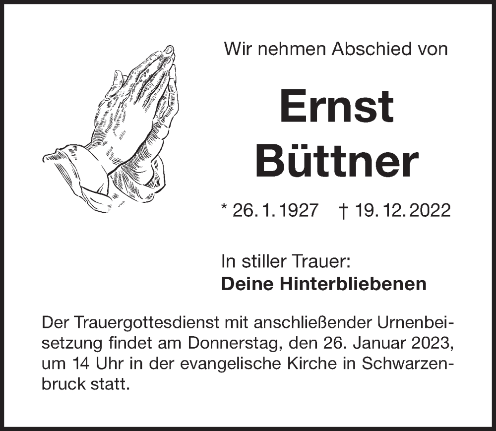  Traueranzeige für Ernst Büttner vom 21.01.2023 aus Der Bote