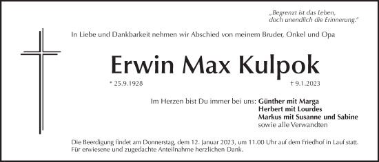 Traueranzeige von Erwin Max Kulpok von Pegnitz-Zeitung