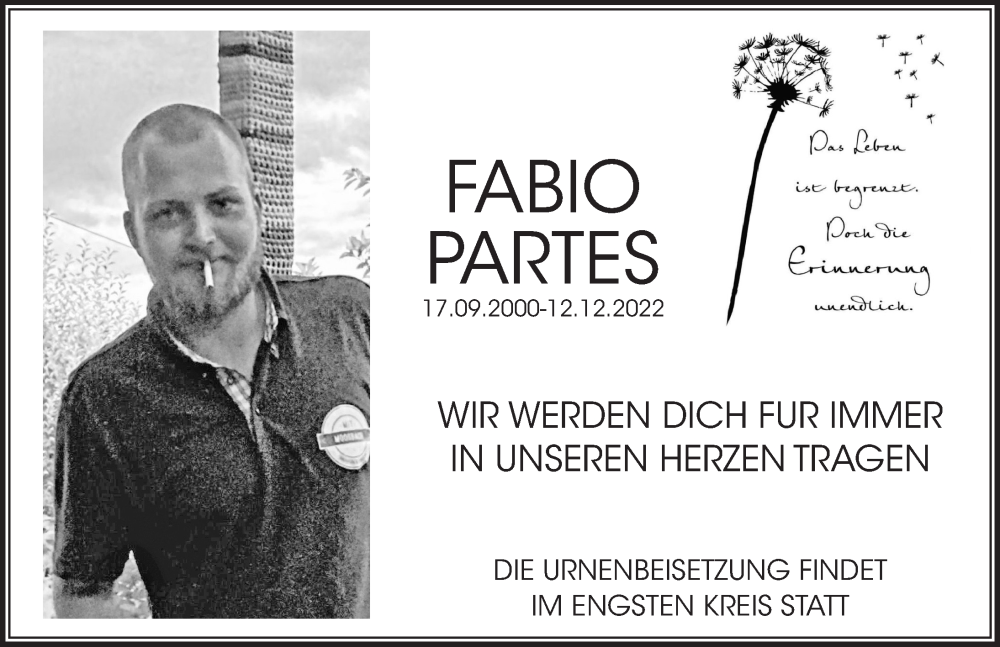  Traueranzeige für Fabio Partes vom 14.01.2023 aus Der Bote