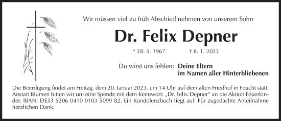 Traueranzeige von Felix Depner von Der Bote
