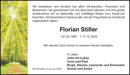 Traueranzeige von Florian Stiller von Der Bote