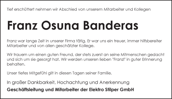 Traueranzeige von Franz Paco  Osuna Banderas von Pegnitz-Zeitung