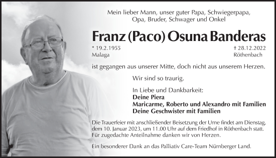Traueranzeige von Franz Paco  Osuna Banderas von Pegnitz-Zeitung