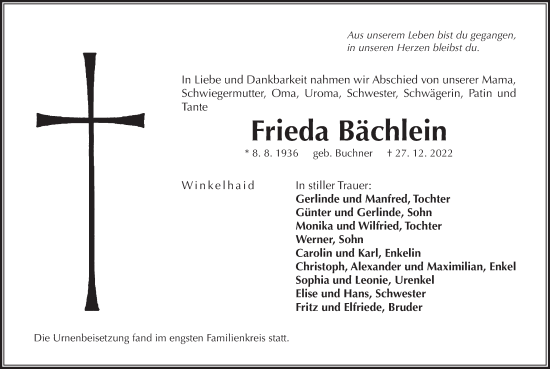 Traueranzeige von Frieda Bächlein von Der Bote