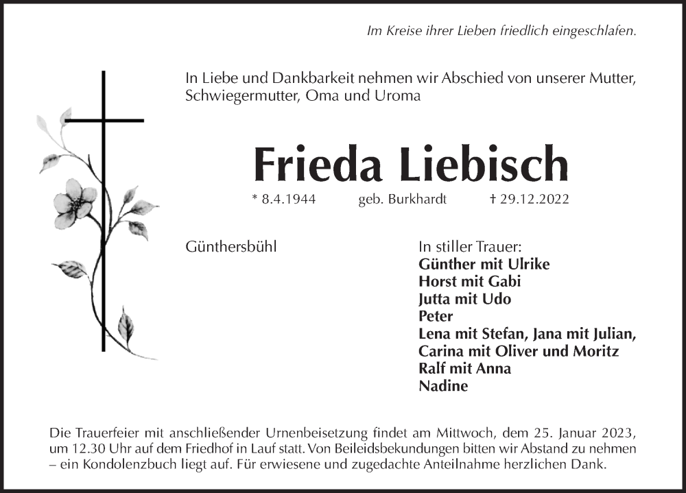  Traueranzeige für Frieda Liebisch vom 21.01.2023 aus Pegnitz-Zeitung