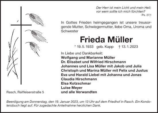 Traueranzeige von Frieda Müller von Der Bote