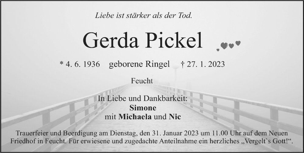 Traueranzeige für Gerda Pickel vom 30.01.2023 aus Der Bote