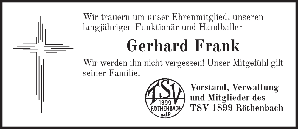  Traueranzeige für Gerhard Frank vom 21.01.2023 aus Pegnitz-Zeitung