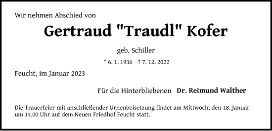 Traueranzeige von Gertraud Kofer von Der Bote