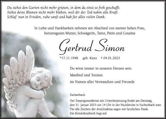 Traueranzeige von Gertrud Simon von Hersbrucker Zeitung Lokal