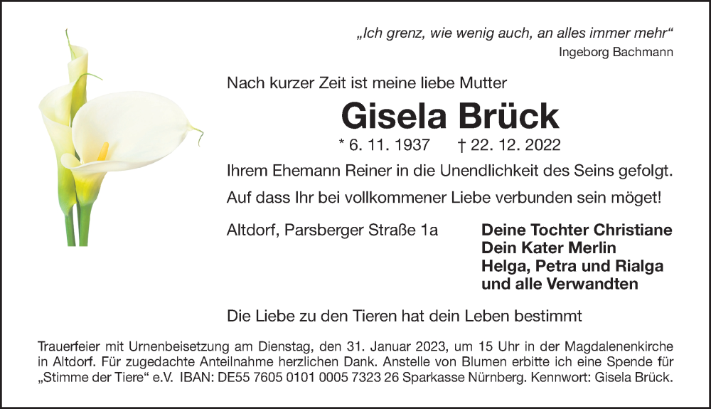  Traueranzeige für Gisela Brück vom 28.01.2023 aus Der Bote