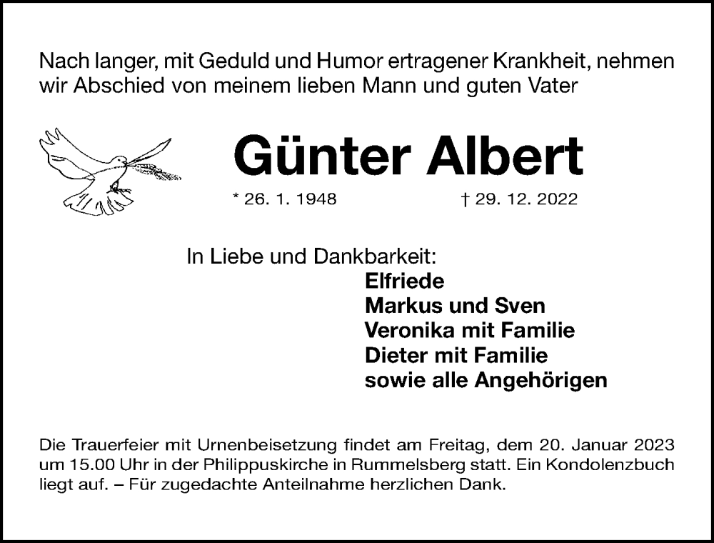  Traueranzeige für Günter Albert vom 14.01.2023 aus Der Bote