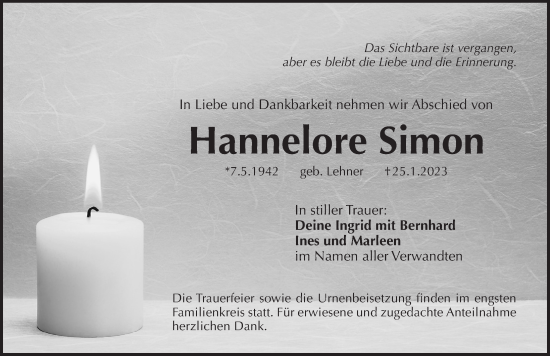 Traueranzeige von Hannelore Simon von Pegnitz-Zeitung