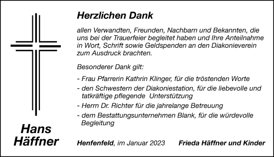 Traueranzeige von Hans Häffner von Hersbrucker Zeitung Lokal