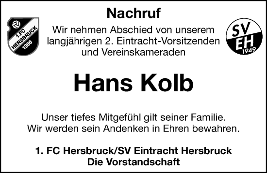 Traueranzeige von Hans Kolb von Hersbrucker Zeitung Lokal