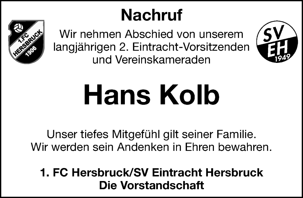  Traueranzeige für Hans Kolb vom 04.01.2023 aus Hersbrucker Zeitung Lokal