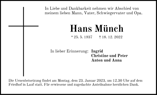 Traueranzeige von Hans Münch von Pegnitz-Zeitung