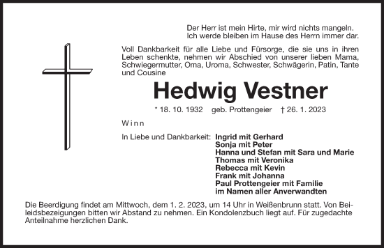 Traueranzeige von Hedwig Vestner von Der Bote