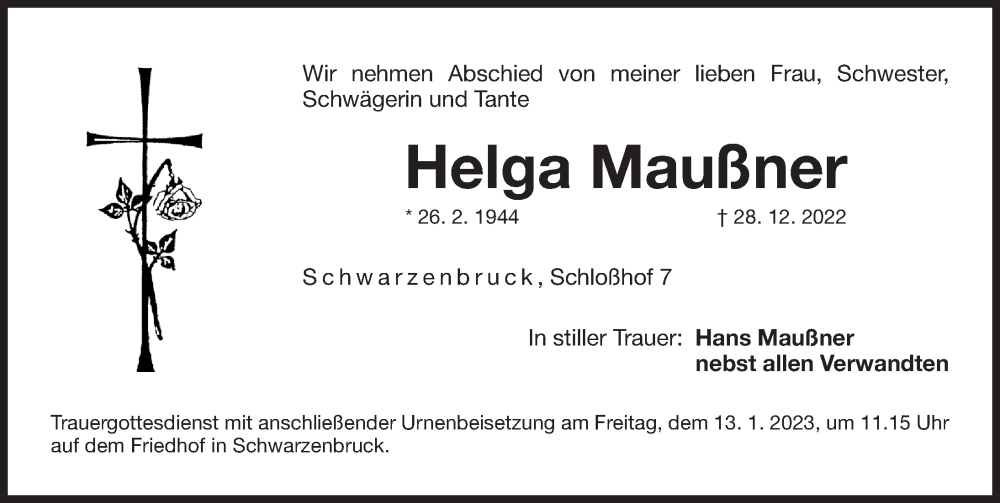  Traueranzeige für Helga Maußner vom 11.01.2023 aus Der Bote