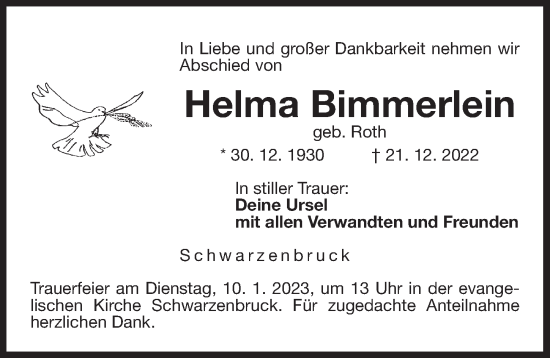 Traueranzeige von Helma Bimmerlein von Der Bote